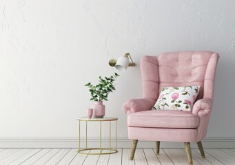 A pink armchair with a floral pillow sits beside a small table with a plant in a vase, against a white textured wall with a gold wall lamp