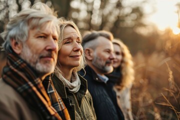 Group of senior friends walking in the park at sunset. Selective focus.