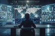 © Vera - photo of a business man analyst sitting at his desk in an office, surrounded by data analytics tools and screens displaying statistics and market predictions.