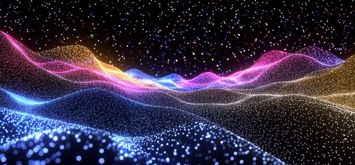 Poster - Big Data concept. Blockchain 3D illustration. Waves of information and global databases. Neural networks and stock. Abstract technology background.