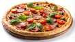 © artisttop - Delicious pizza with ham, cherry tomatoes and basil on wooden board is perfect for your business lunch or romantic dinner