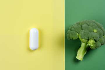 Concept of illness and health, prevention vs medication. Healthy food, not pills or drugs. Stalk of fresh nutritious broccoli and a medication capsule isolated on yellow background