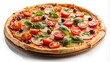 © artisttop - Delicious pizza with ham, cherry tomatoes and basil on wooden board is perfect for your business lunch or romantic dinner