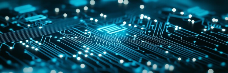 Poster - Circuit board illustration with hexagons background. Digital technology and engineering concept. Abstract futuristic on dark blue color.