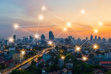 Poster - A night city background with wireless skyline connection with energy light infographic at Bangkok's business center.
