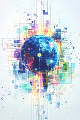 Poster - Digital illustration of Earth surrounded by vibrant geometric shapes and abstract lines representing technology and connectivity
