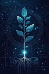 Poster - digital illustration of an abstract plant with glowing roots against a cosmic background