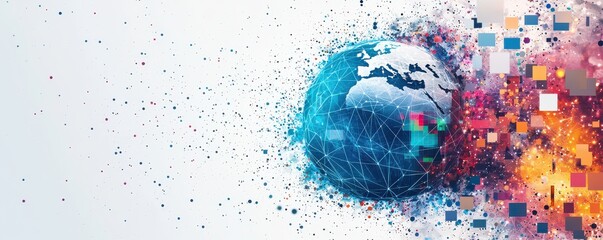 Poster - Digital illustration of the Earth surrounded by colorful data points in a networked global concept