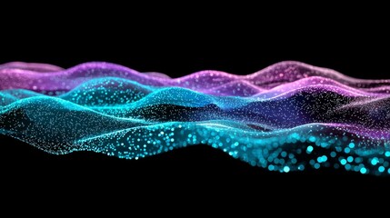 Poster - Network Design with Particles. Big Data. Abstract bright shine in black space. 3D rendering.