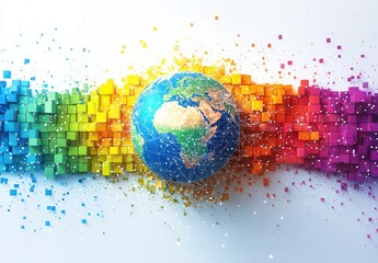 Wall Mural - digital illustration of earth surrounded by vibrant pixel art representing global connectivity and t