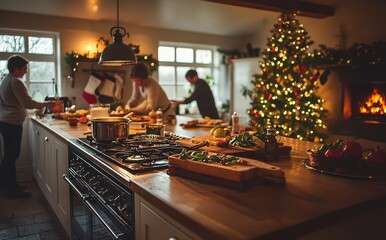 Family joyfully preparing a festive dinner together in a warmly lit kitchen decorated for Christmas, capturing the spirit of togetherness and holiday cheer