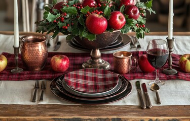 Elegant festive table setting with rich red and burgundy decorations, featuring apples, candles, and a plaid tablecloth for a warm holiday atmosphere