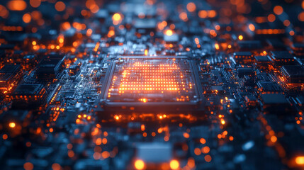 Poster - Close-up of an illuminated electronic circuit board, highlighting intricate patterns and glowing lights, symbolizing modern technology and connectivity