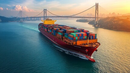Aufkleber - The cargo ship passes below a magnificent bridge at sunset, surrounded by a stunning city skyline. Brightly colored containers line the deck, creating a vivid tableau in the evening light.