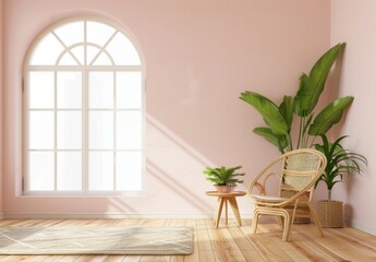 Minimalist interior design with a rattan armchair and houseplants in a pink living room with natural sunlight. 3D rendering