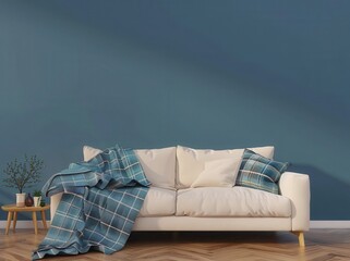 Modern living room interior with a white sofa, plaid throw, pillows, a coffee table, plant, and a blue wall. Interior design and home decor concept