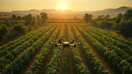 Aufkleber - A drone flies over a vineyard at sunset, capturing the vibrant green rows of grapevines and the serene landscape beneath a golden sky, highlighting modern agricultural practices.