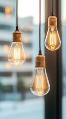 Hanging vintage light bulbs cast a soft glow in a dark room, enhancing the retro atmosphere for any stylish setting.