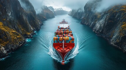 Aufkleber - A cargo ship laden with colorful containers glides through a stunning fjord, flanked by towering mountains and shrouded in mist, showcasing natural beauty and maritime activity.