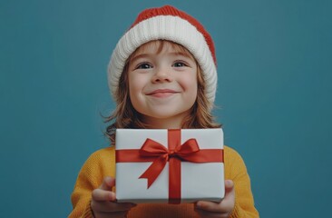 Joyful child wearing a festive Christmas hat, smiling while holding a beautifully wrapped Christmas gift with a bright 