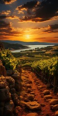 Canvas Print - Sunset over vineyard path