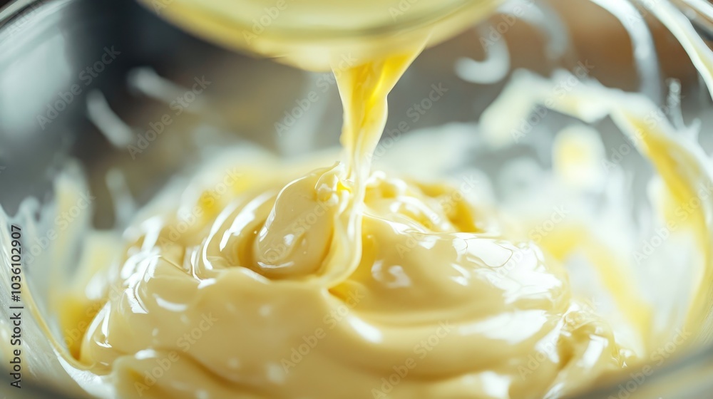 Mayonnaise Process Blurry process of making homemade mayonnaise using olive oil with a ...