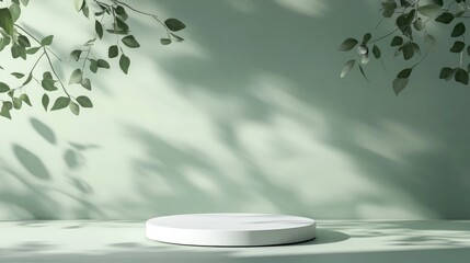 Aufkleber - Minimalist nature scene featuring a vacant stage with a white circular podium against a pastel green background complemented by shadows of tree leaves ideal for cosmetic product presentations