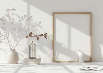 Minimalist interior design with a blank canvas, white vase, birdcage, books and a white dove figurine