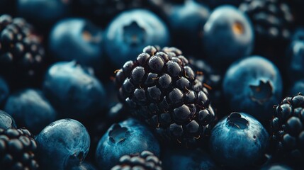 Close up of fresh juicy blackberries and blueberries in various sizes and shapes perfect as a vegetarian snack and healthy diet option