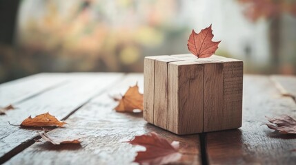 Wooden cube calendar on a vintage wooden surface with a white backdrop capturing the essence of autumn providing ample copyspace for text