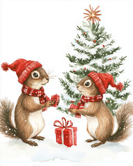 Two squirrels wearing red knitted hats inspect a wrapped gift under a beautifully adorned Christmas tree. Sketch, illustration. A holiday card.