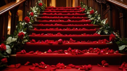 A sophisticated staircase featuring a red carpet and scattered red roses for a touch of elegance