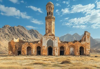 Ruined mosque in the desert with a tall minaret.