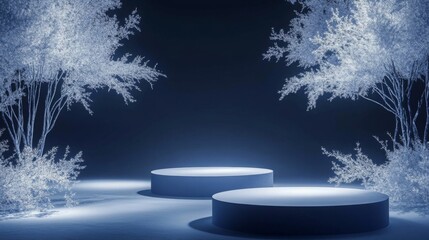 Fototapete - This serene space showcases two circular platforms glowing softly under ambient lighting, framed by white, frosty trees.