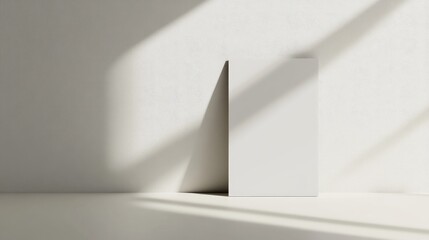 A minimalist standing brochure mockup is placed on a light backdrop highlighting its elegant design and subtle shadows