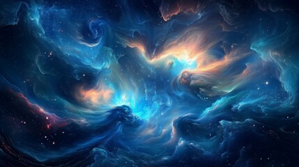 Un’immagine di una nebulosa cosmica dai colori vibranti blu e arancioni, che si fondono creando un effetto surreale di vortici e esplosioni di luce.