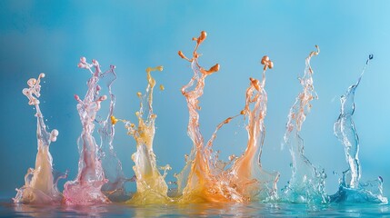 Wall Mural -   A cluster of vibrant orange, yellow, and azure water splashes into the sky against a backdrop of deep blue