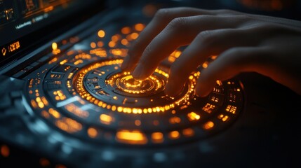 Poster - A user delicately engages with a high-tech interface, surrounded by an array of glowing orange lights and intricate patterns, creating a captivating atmosphere of advanced technology