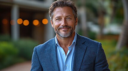 A well-groomed man stands confidently outdoors, smiling as he wears a blue blazer over a casual shirt. The lush greenery and soft lighting create a warm and inviting atmosphere