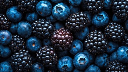 Close up of fresh juicy blackberries and blueberries in various sizes and shapes perfect as a vegetarian snack and healthy diet option