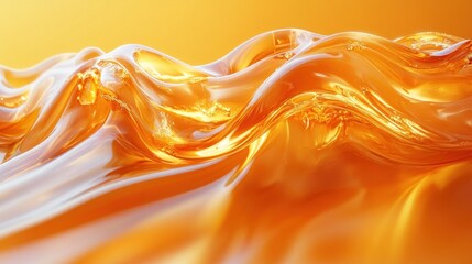 Poster - A warm amber fluid undulates gracefully in waves, reflecting light on a bright orange surface. The movement creates a captivating and soothing visual effect that evokes a sense of calmness