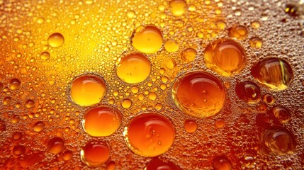Poster - A close-up view showcases a multitude of amber-colored bubbles suspended in a liquid, reflecting light and creating stunning patterns that highlight the liquid's texture and color
