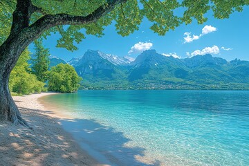 Tranquil mountain lake with a sandy beach and clear blue water.