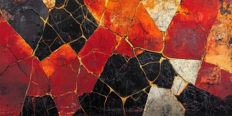 Abstract background of jagged, overlapping shapes in reds, oranges, and blacks, with cracks