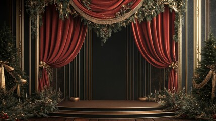 Aufkleber - This festive stage features luxurious red curtains draped elegantly, complemented by lush greenery and golden accents. A beautiful setup for holiday performances, celebrations, or special events.