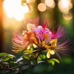 close up shot of colorful flower cluster on tree with sunlight filtering through forest backdrop