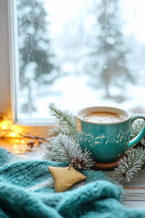 Wall Mural - Cup of coffee against the background of a window and snow. Comfort warmth winter mood