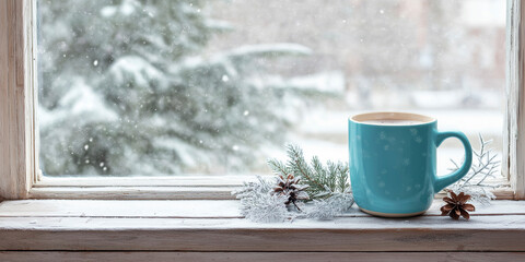 Wall Mural - Cup of coffee against the background of a window and snow. Comfort warmth winter mood