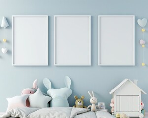 Three blank picture frames mockup on blue wall with kid bedroom decoration. Interior design of children's room