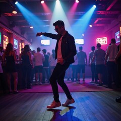 A man engages in dance at a vibrant nightclub